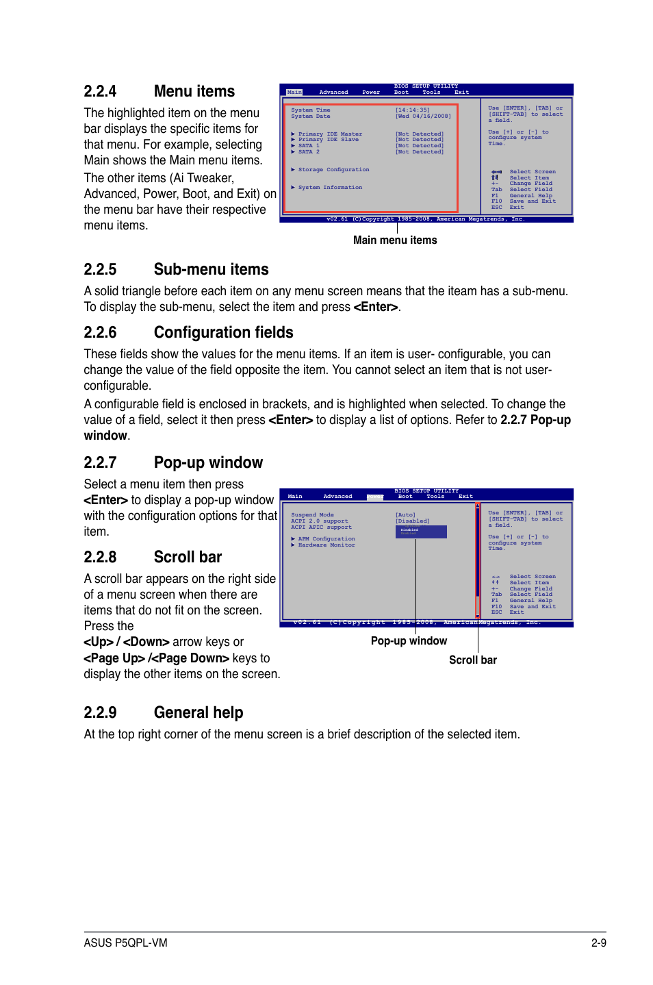 4 menu items, 5 sub-menu items, 6 configuration fields | 7 pop-up window, 8 scroll bar, 9 general help | Asus P5QPL-VM User Manual | Page 49 / 64