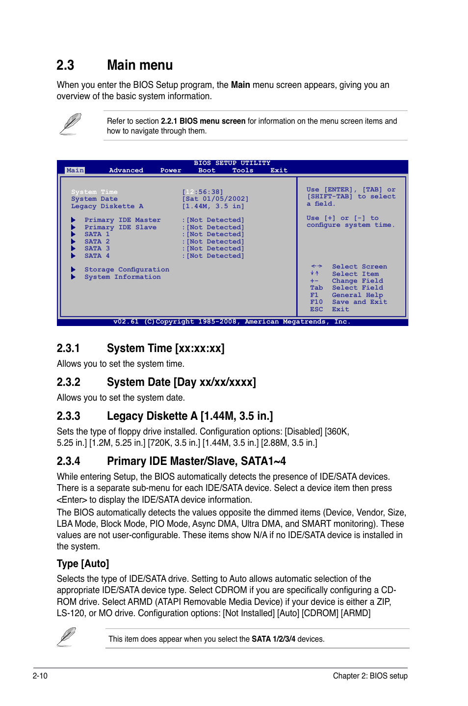 3 main menu, 1 system time [xx:xx:xx, 4 primary ide master/slave, sata1~4 | Type [auto | Asus P5QPL-VM User Manual | Page 50 / 64