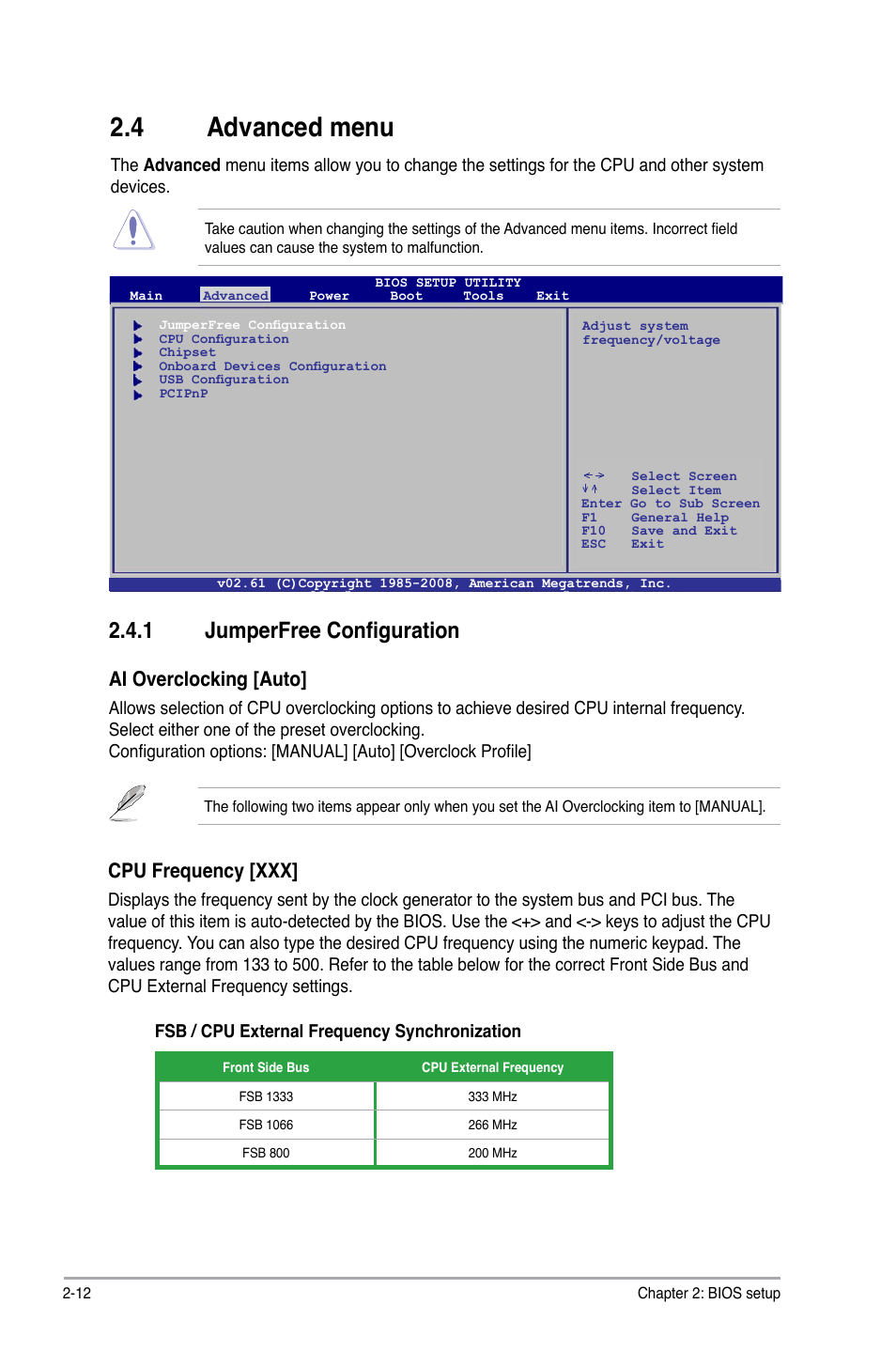 4 advanced menu, 1 jumperfree configuration, Ai overclocking [auto | Cpu frequency [xxx | Asus P5QPL-VM User Manual | Page 52 / 64