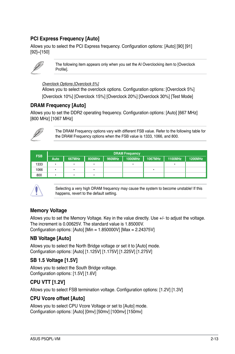 Dram frequency [auto, Pci express frequency [auto, Nb voltage [auto | Sb 1.5 voltage [1.5v, Cpu vtt [1.2v, Cpu vcore offset [auto | Asus P5QPL-VM User Manual | Page 53 / 64