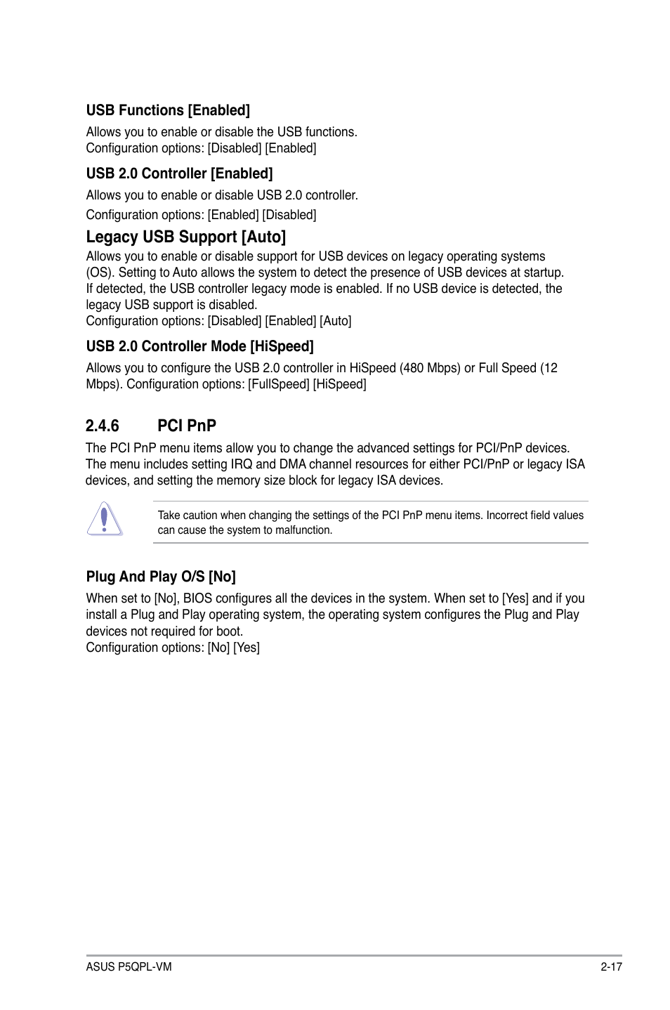 Legacy usb support [auto, 6 pci pnp | Asus P5QPL-VM User Manual | Page 57 / 64