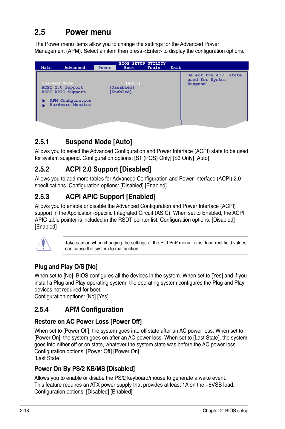 5 power menu, 1 suspend mode [auto, 2 acpi 2.0 support [disabled | 3 acpi apic support [enabled, 4 apm configuration | Asus P5QPL-VM User Manual | Page 58 / 64