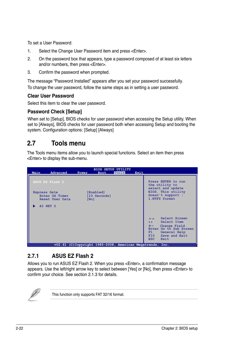 7 tools menu, 1 asus ez flash 2, Clear user password | Password check [setup | Asus P5QPL-VM User Manual | Page 62 / 64