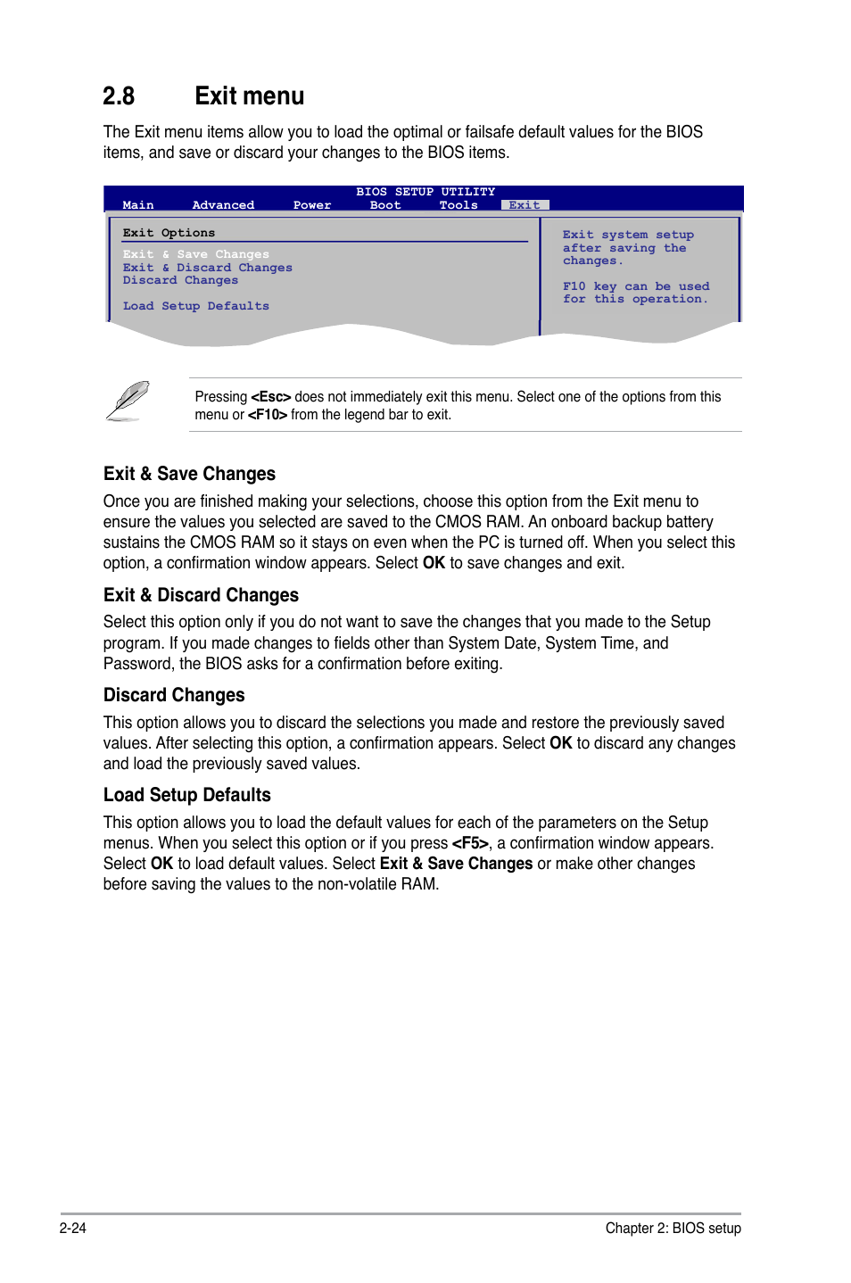 8 exit menu, Exit & save changes, Exit & discard changes | Discard changes, Load setup defaults | Asus P5QPL-VM User Manual | Page 64 / 64