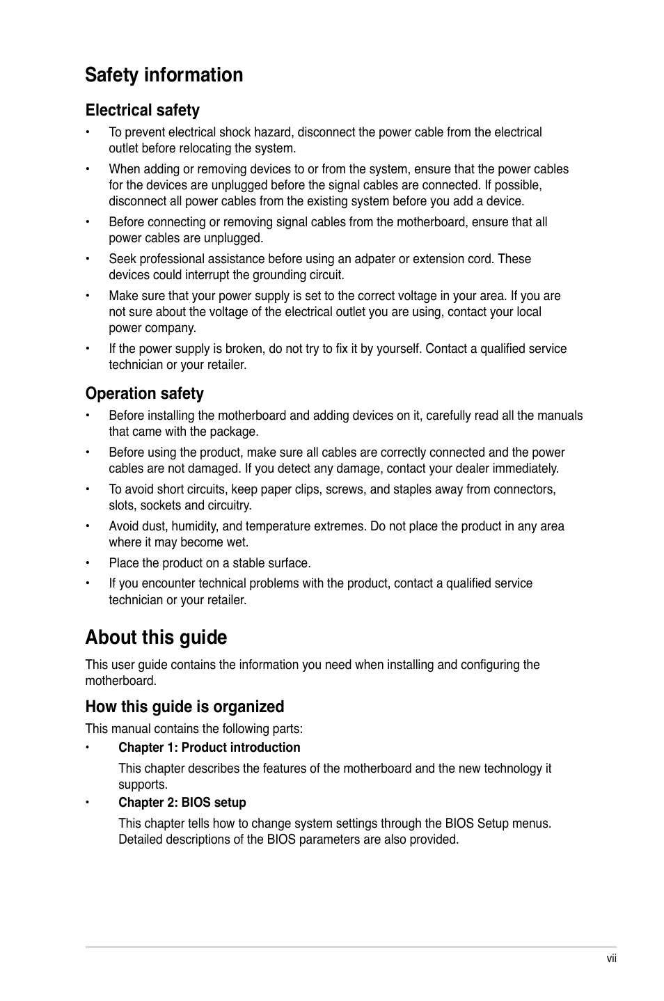 Safety information, About this guide, Electrical safety | Operation safety, How this guide is organized | Asus P5QPL-VM User Manual | Page 7 / 64