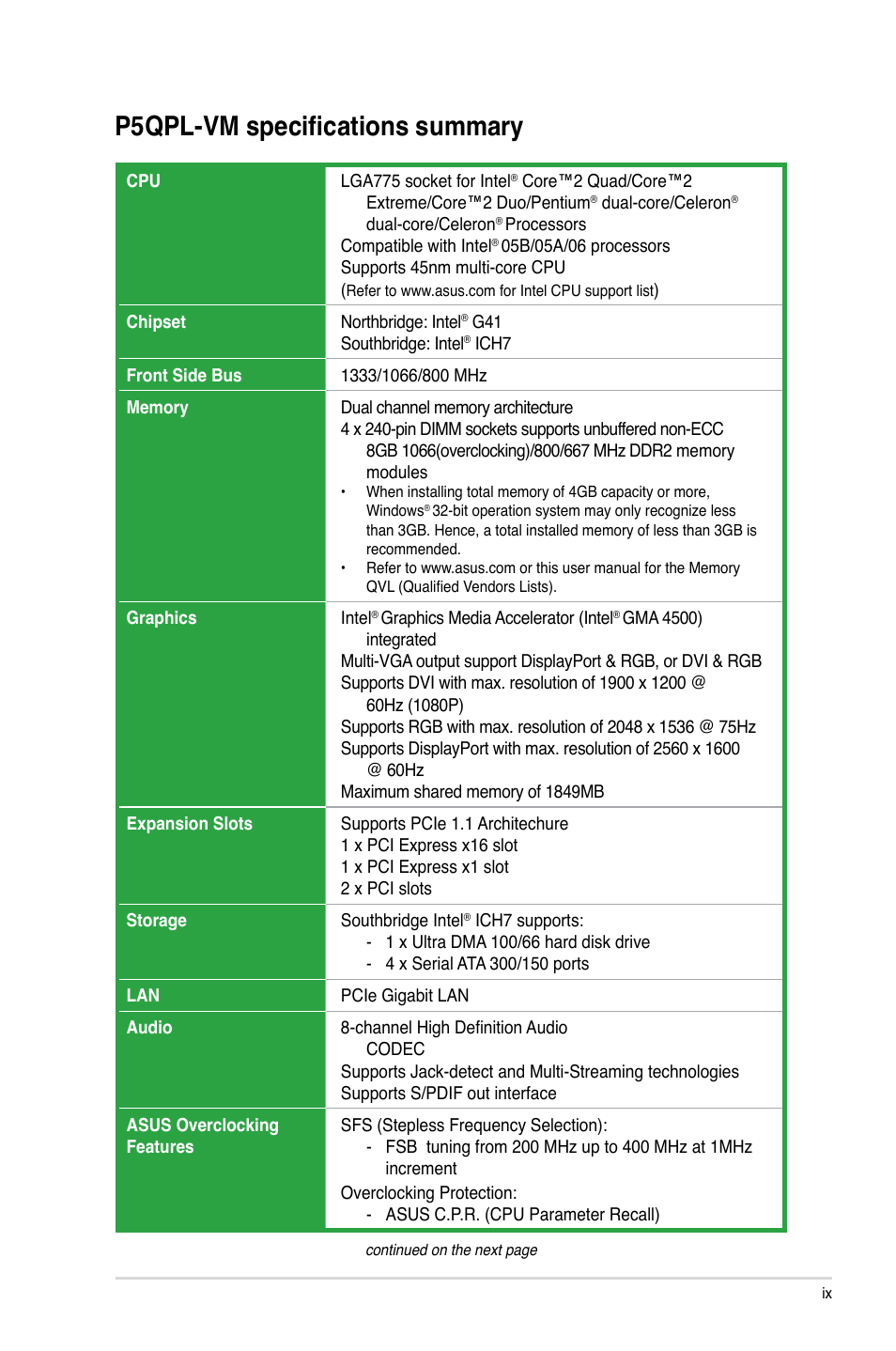 P5qpl-vm specifications summary | Asus P5QPL-VM User Manual | Page 9 / 64