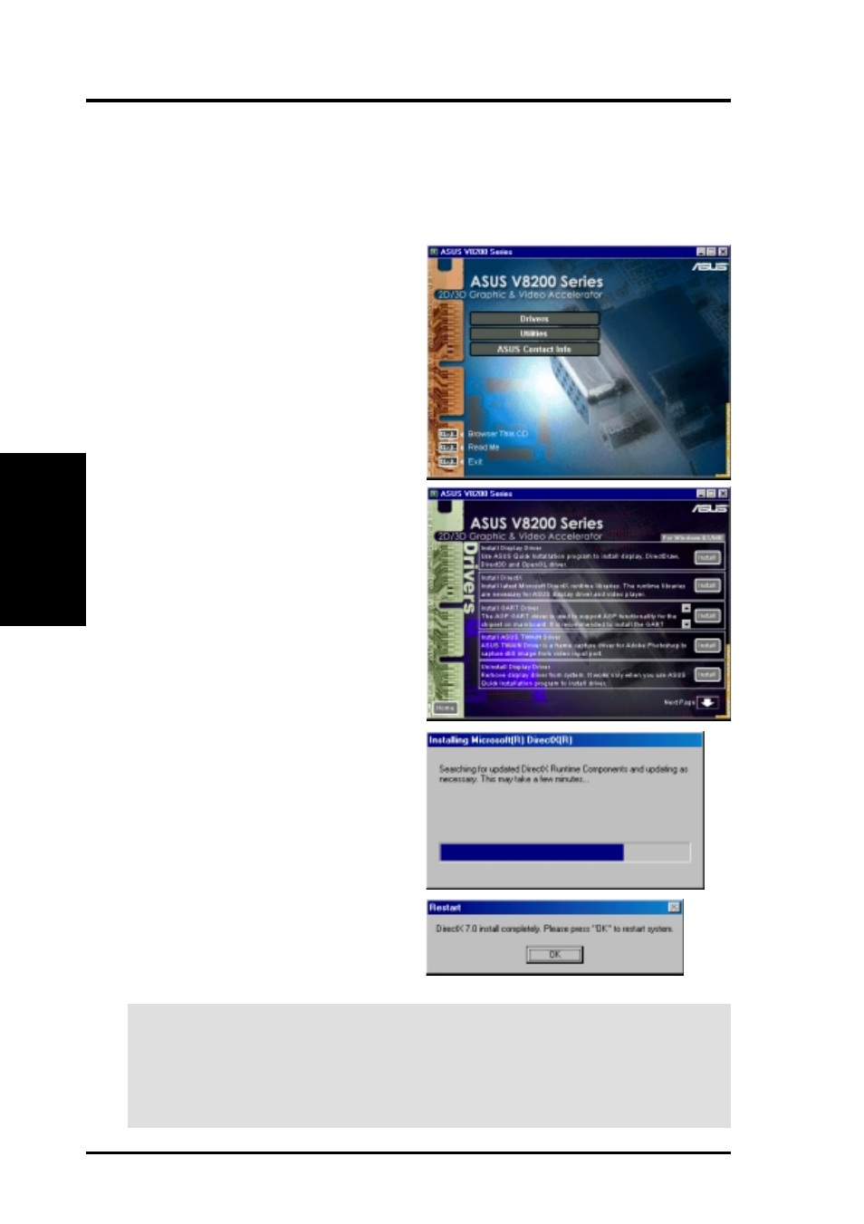 Software setup, Install directx | Asus V8200 T2/T5 User Manual | Page 20 / 106