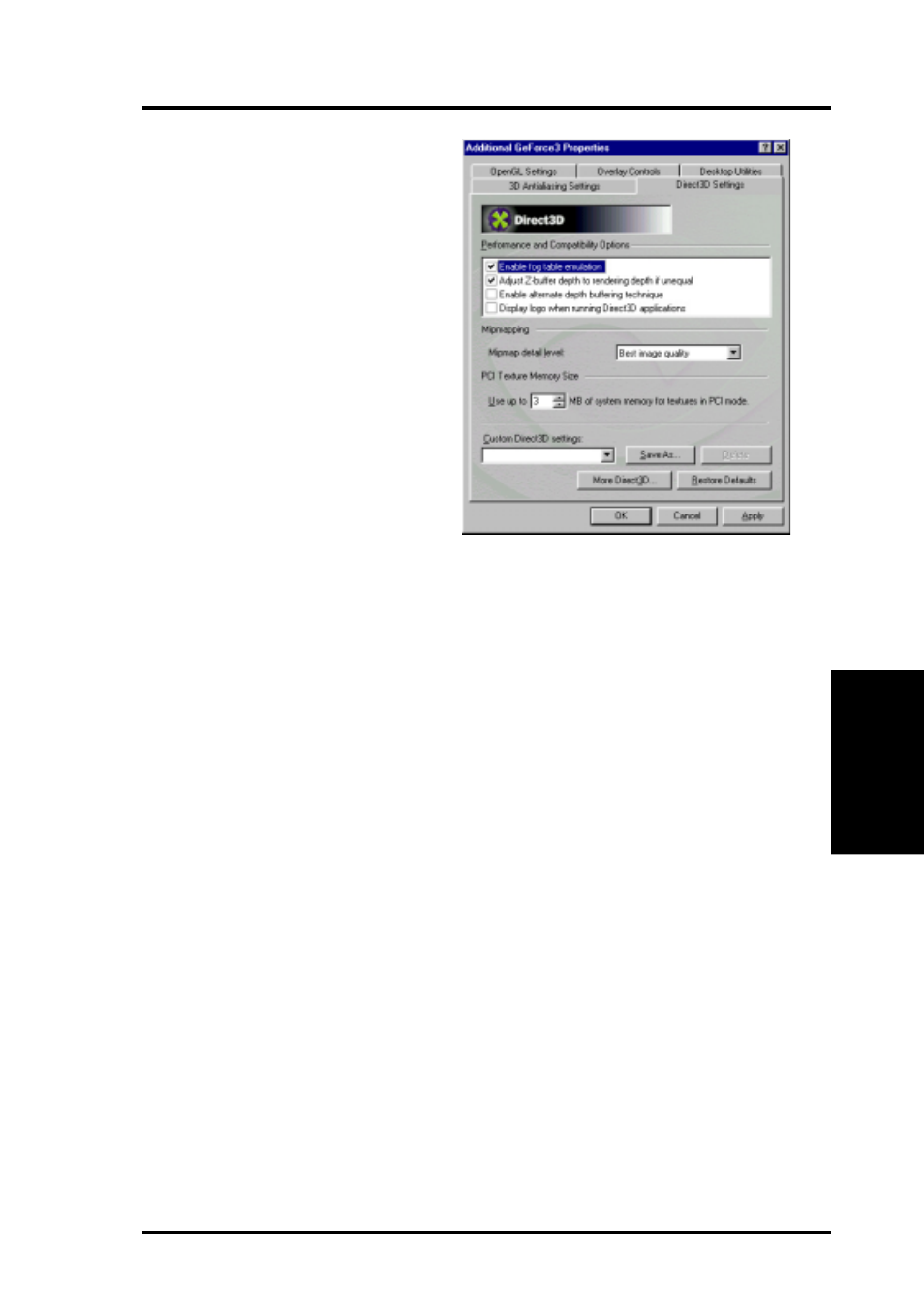Software reference, Direct3d settings, Mipmapping | Asus V8200 T2/T5 User Manual | Page 51 / 106