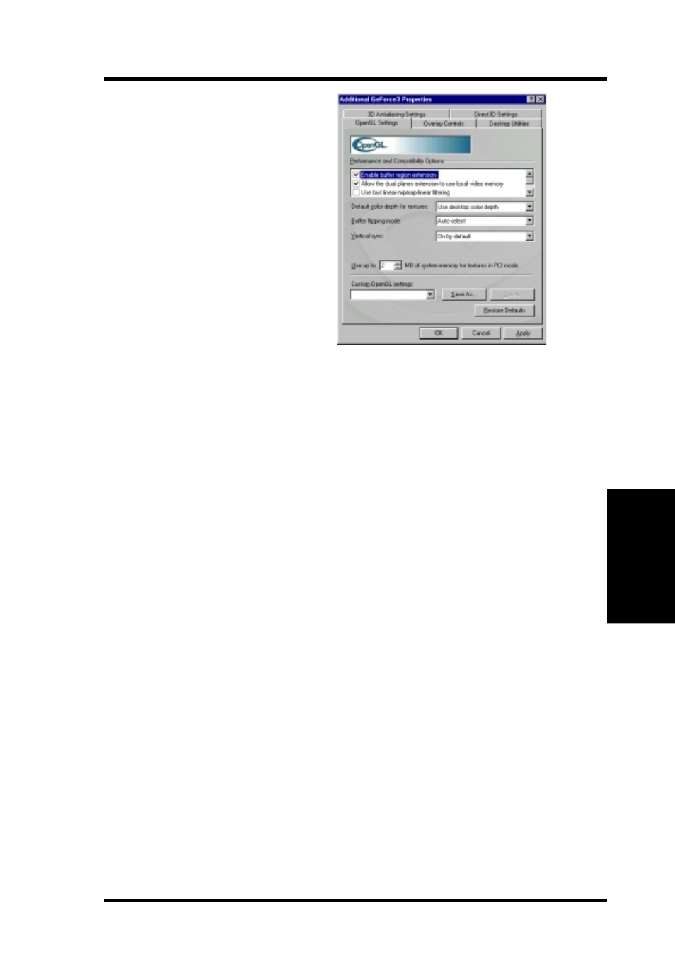 Software reference, Opengl settings | Asus V8200 T2/T5 User Manual | Page 53 / 106