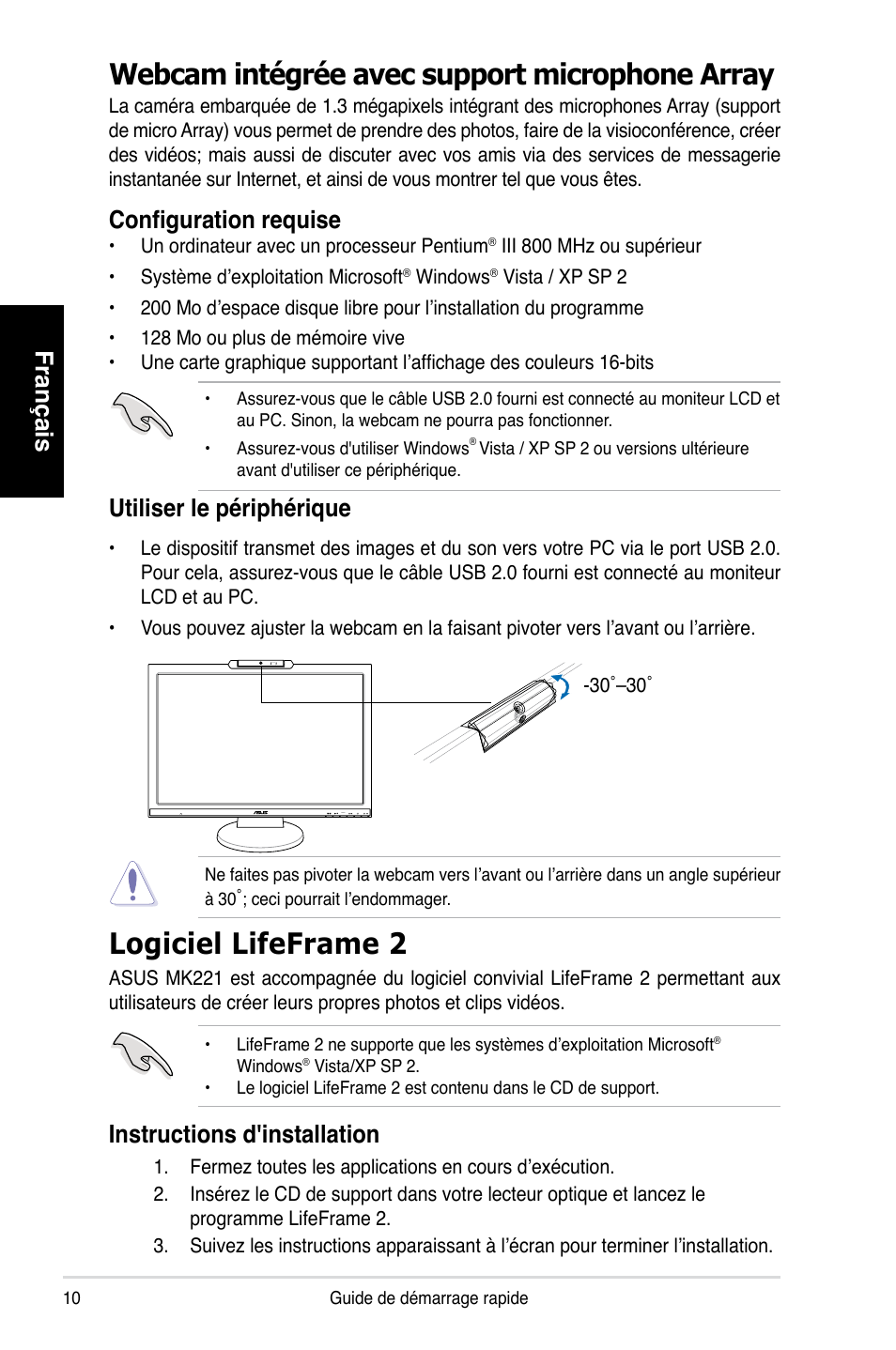 Webcam intégrée avec support microphone array, Logiciel lifeframe 2, Français | Configuration requise, Utiliser le périphérique, Instructions d'installation | Asus MK221H User Manual | Page 10 / 168