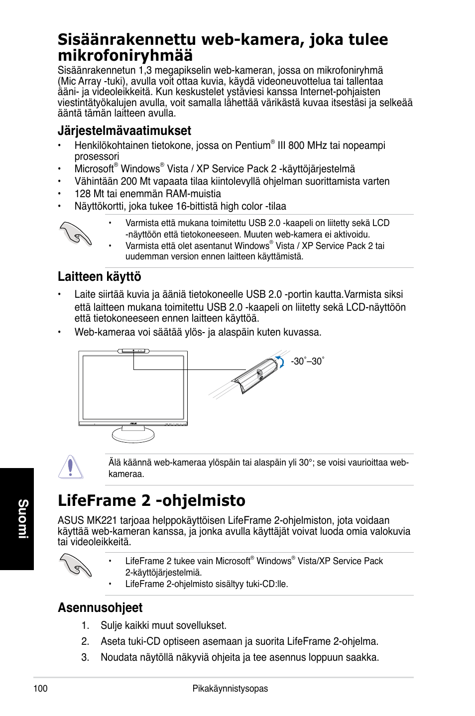 Lifeframe 2 -ohjelmisto, Suomi, Järjestelmävaatimukset | Laitteen käyttö, Asennusohjeet | Asus MK221H User Manual | Page 100 / 168