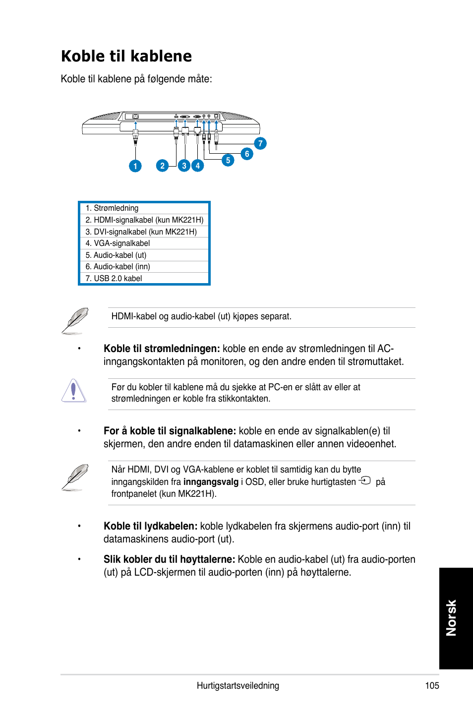 Koble til kablene, Norsk | Asus MK221H User Manual | Page 105 / 168