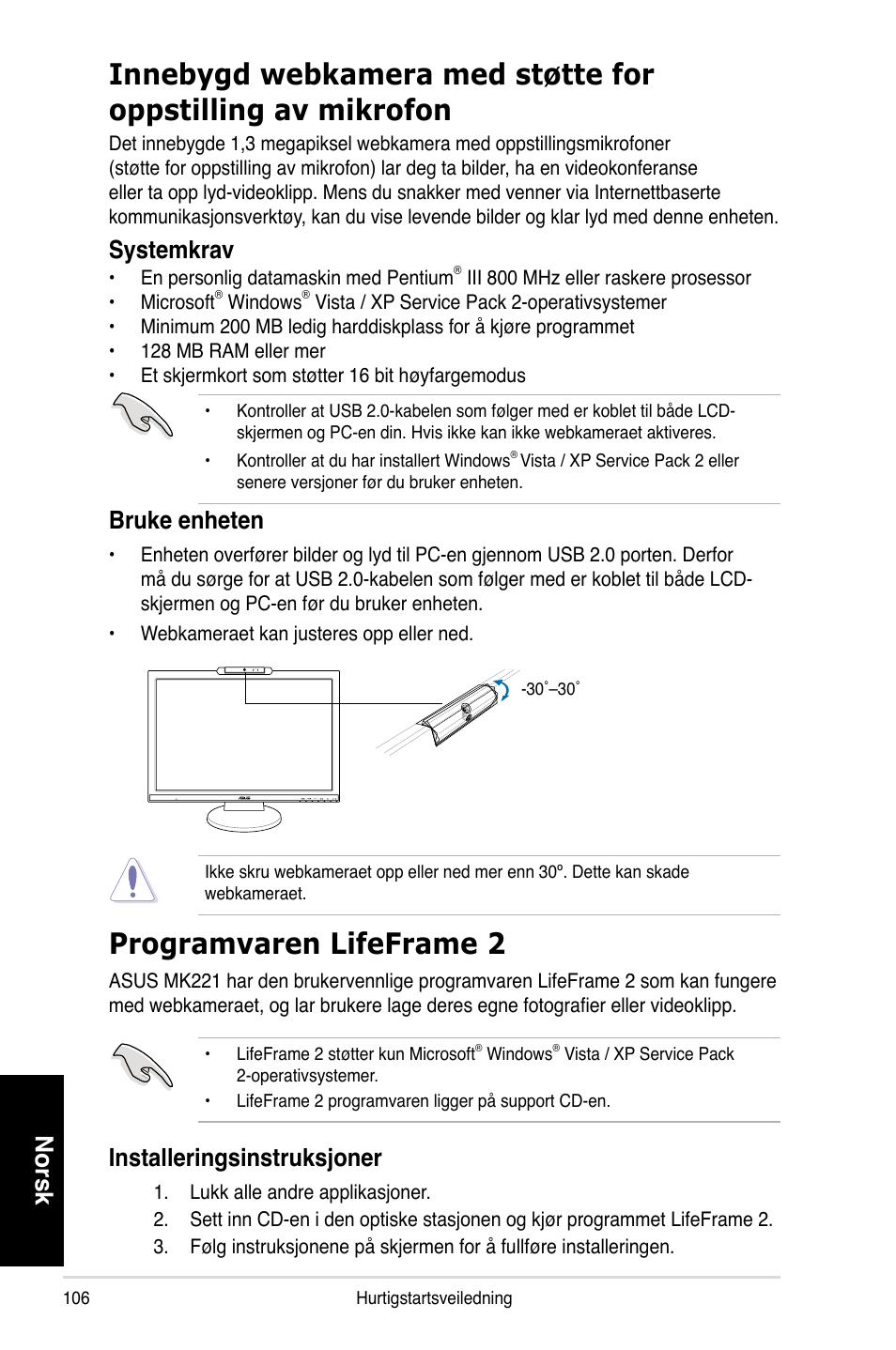 Programvaren lifeframe 2, Norsk, Systemkrav | Bruke enheten, Installeringsinstruksjoner | Asus MK221H User Manual | Page 106 / 168