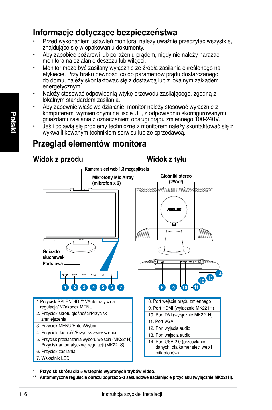Informacje dotyczące bezpieczeństwa, Przegląd elementów monitora, Polski | Widok z przodu widok z tyłu | Asus MK221H User Manual | Page 116 / 168