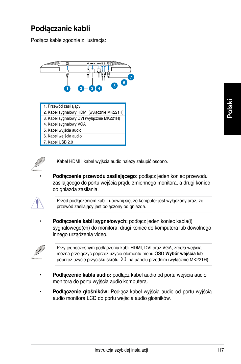 Podłączanie kabli, Polski | Asus MK221H User Manual | Page 117 / 168