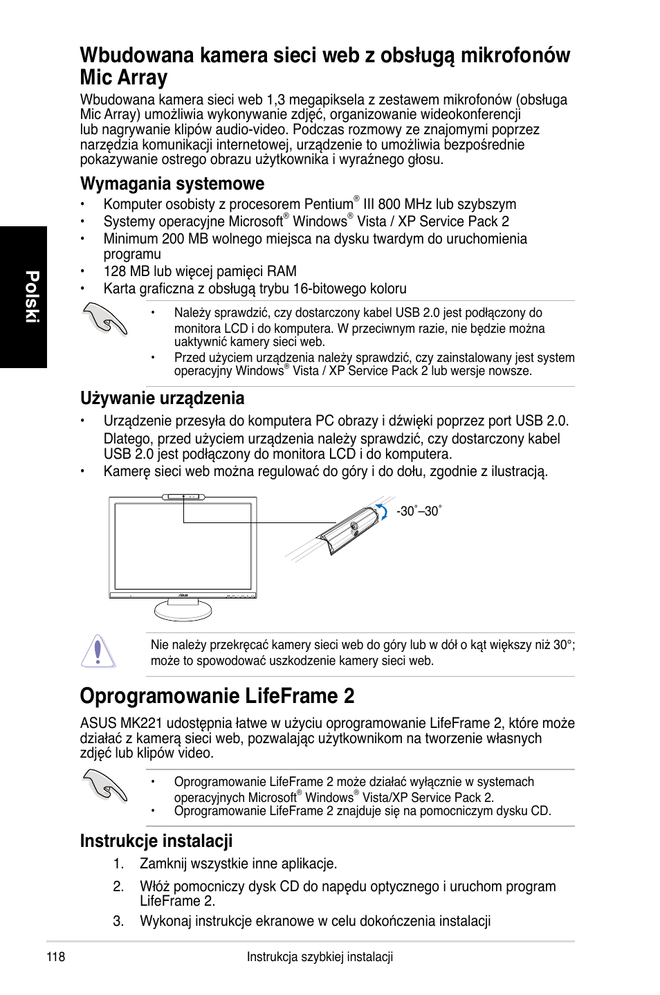 Oprogramowanie lifeframe 2, Polski, Wymagania systemowe | Używanie urządzenia, Instrukcje instalacji | Asus MK221H User Manual | Page 118 / 168