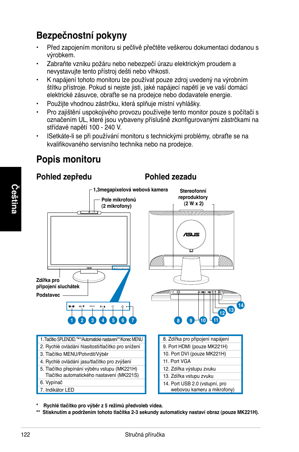 Bezpečnostní pokyny, Popis monitoru, Čeština | Pohled zepředu pohled zezadu | Asus MK221H User Manual | Page 122 / 168