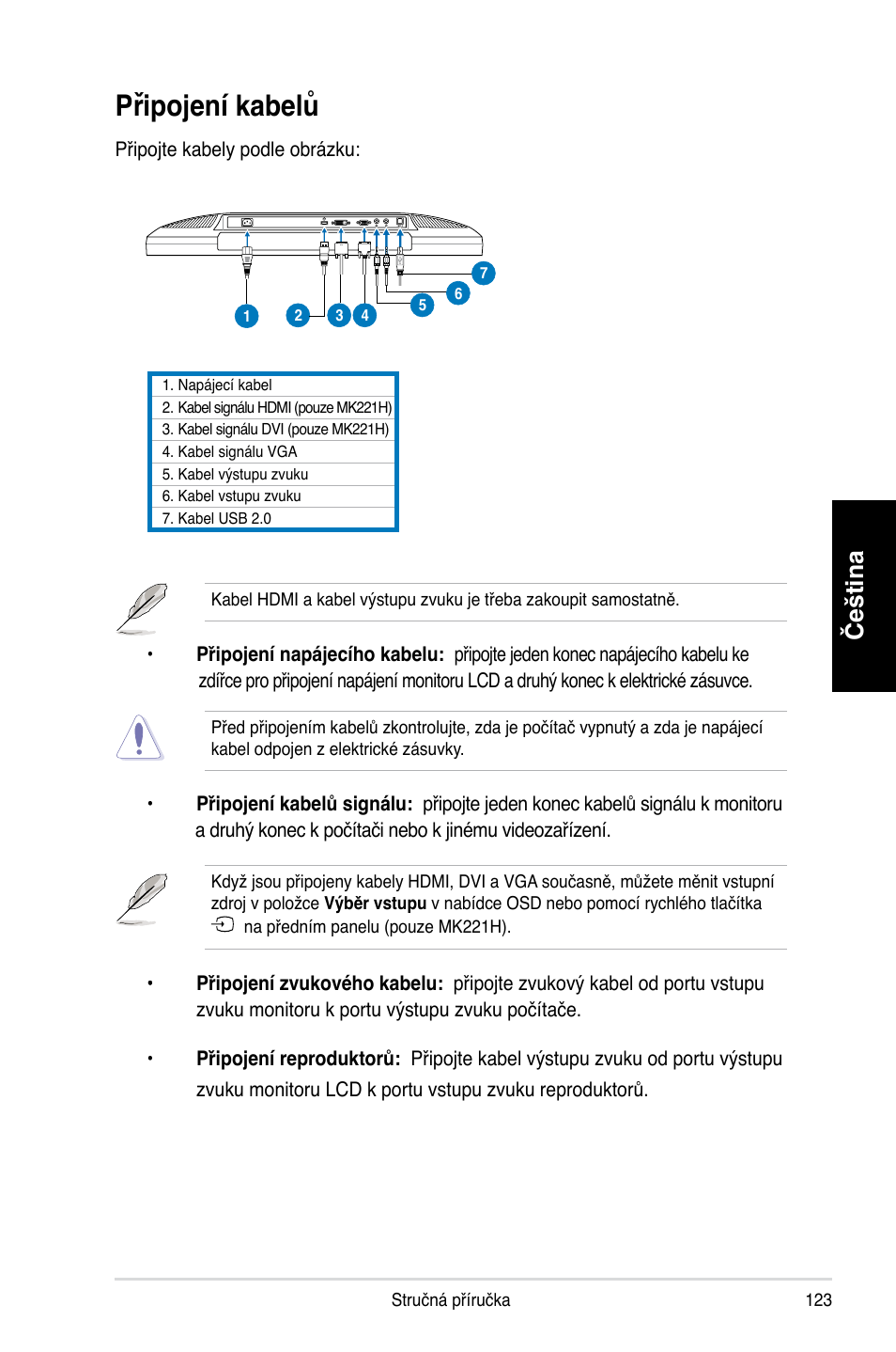 Připojení kabelů, Čeština | Asus MK221H User Manual | Page 123 / 168