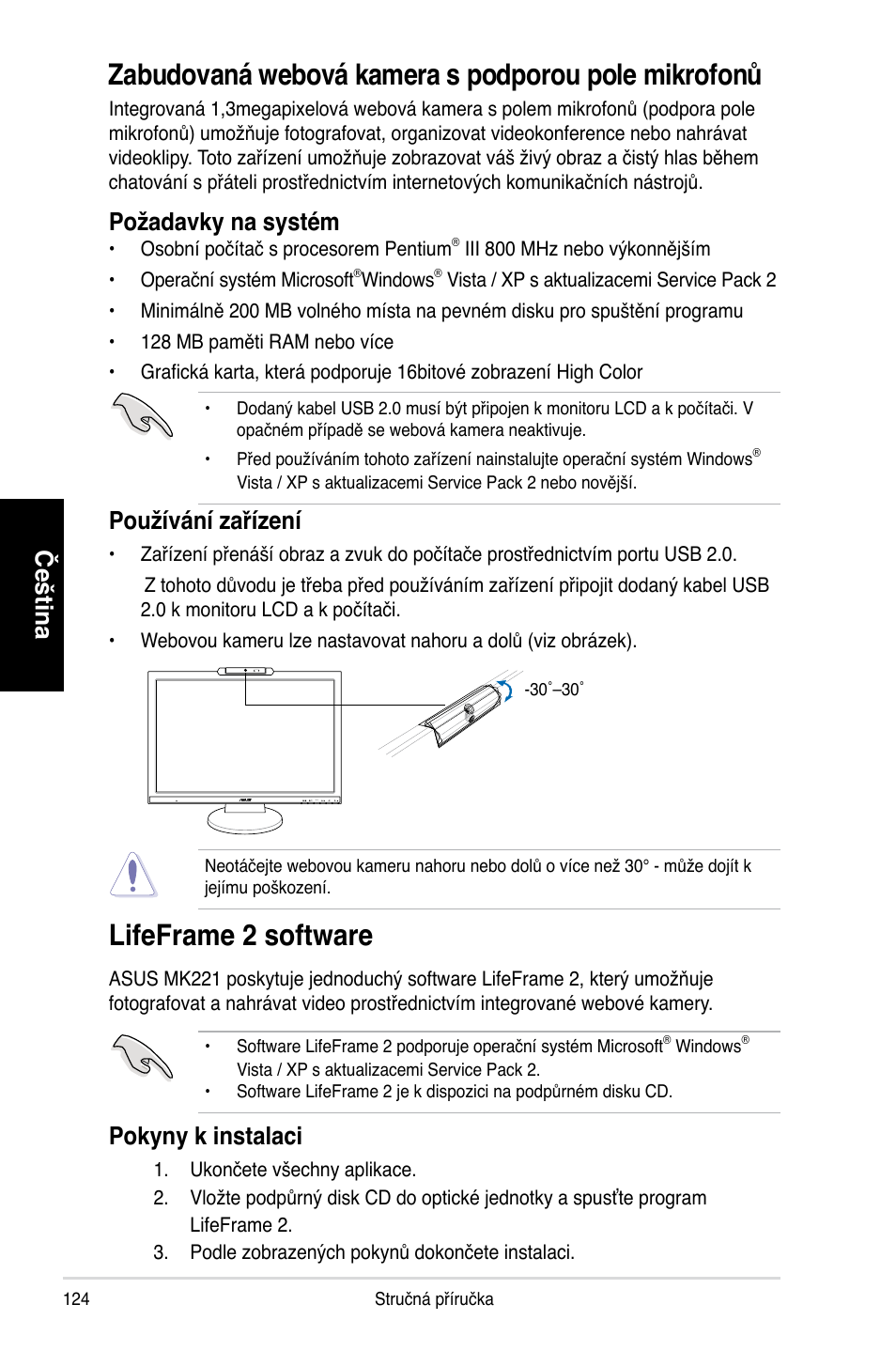 Zabudovaná webová kamera s podporou pole mikrofonů, Lifeframe 2 software, Čeština | Požadavky na systém, Používání zařízení, Pokyny k instalaci | Asus MK221H User Manual | Page 124 / 168