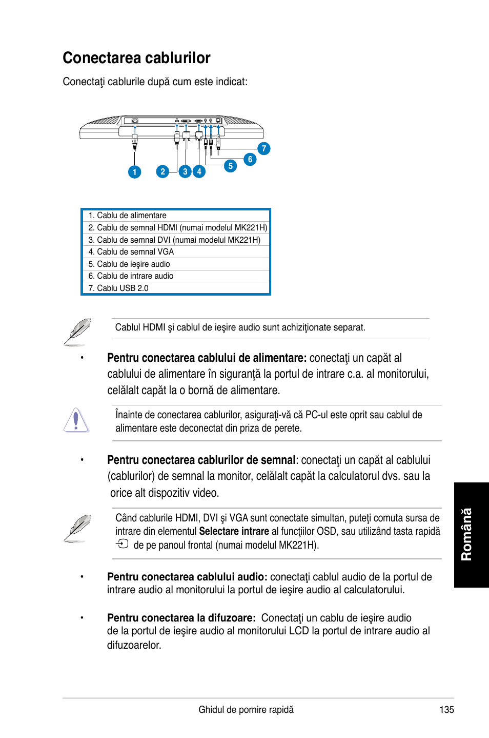 Conectarea cablurilor, Română | Asus MK221H User Manual | Page 135 / 168