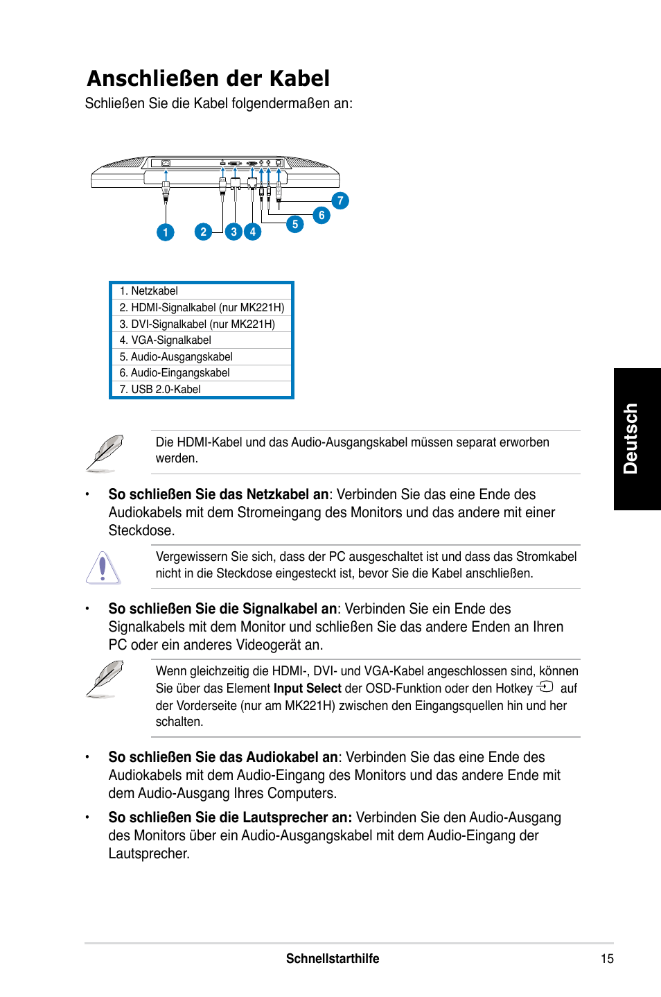 Anschließen der kabel, Deutsch | Asus MK221H User Manual | Page 15 / 168