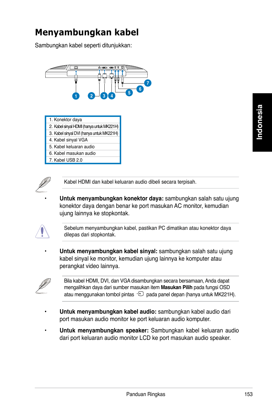 Menyambungkan kabel, Indonesia | Asus MK221H User Manual | Page 153 / 168