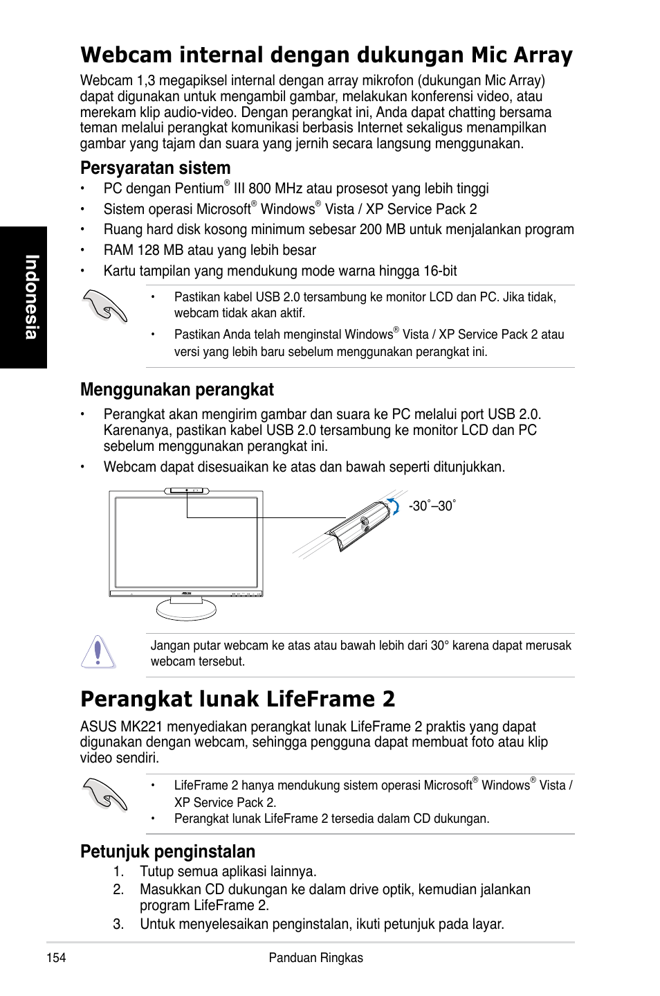 Webcam internal dengan dukungan mic array, Perangkat lunak lifeframe 2, Indonesia | Persyaratan sistem, Menggunakan perangkat, Petunjuk penginstalan | Asus MK221H User Manual | Page 154 / 168