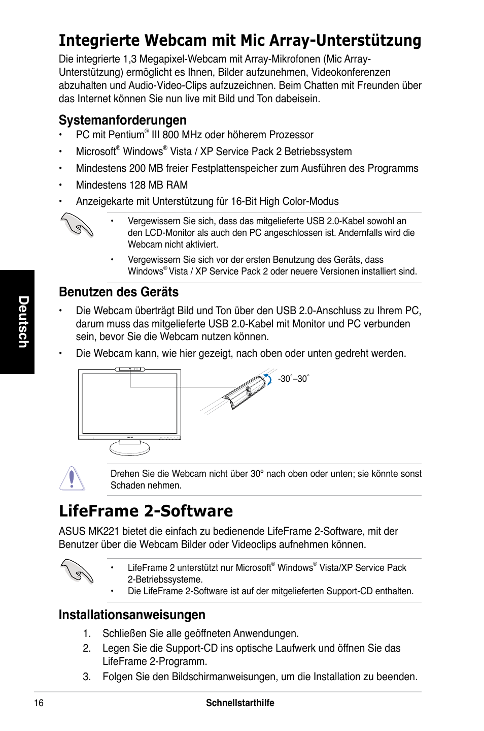 Integrierte webcam mit mic array-unterstützung, Lifeframe 2-software, Deutsch | Systemanforderungen, Benutzen des geräts, Installationsanweisungen | Asus MK221H User Manual | Page 16 / 168