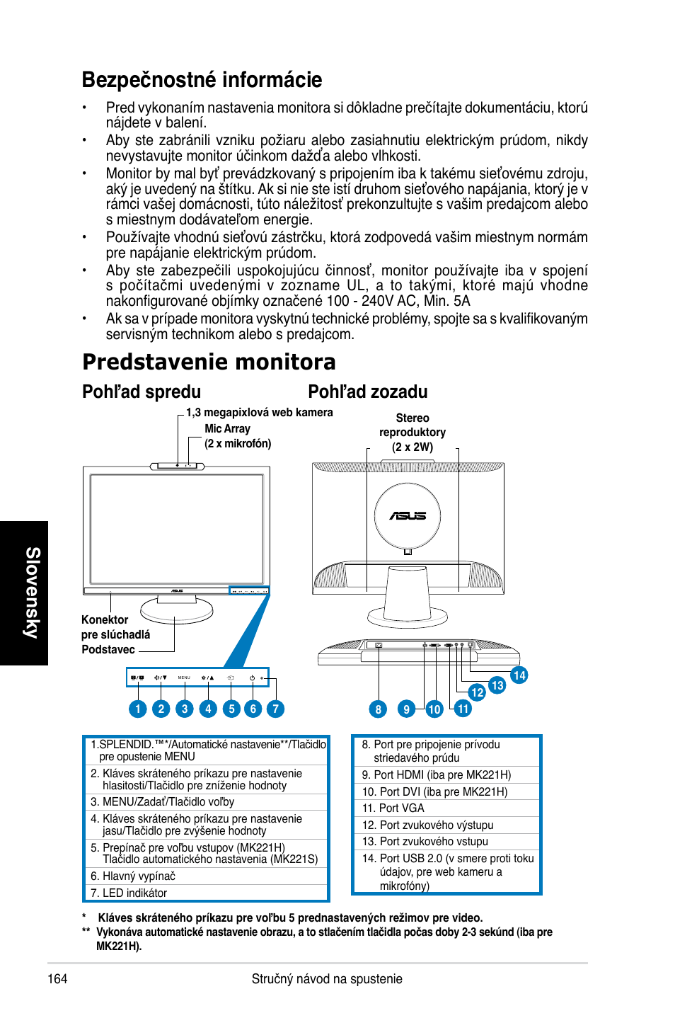 Bezpečnostné informácie, Predstavenie monitora, Slovensky | Pohľad spredu pohľad zozadu | Asus MK221H User Manual | Page 164 / 168