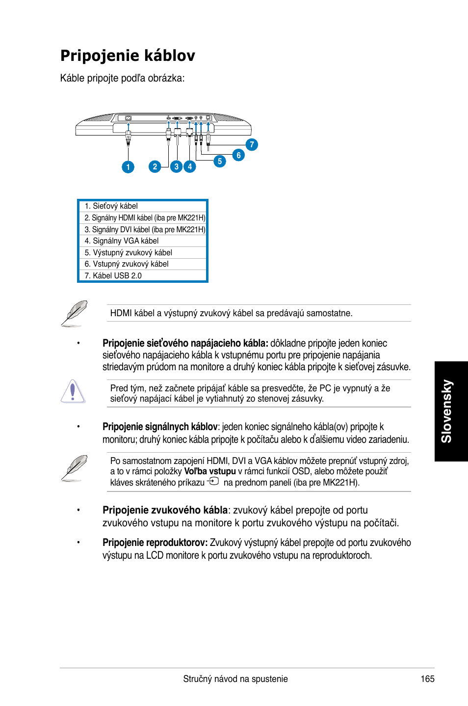 Pripojenie káblov, Slovensky | Asus MK221H User Manual | Page 165 / 168