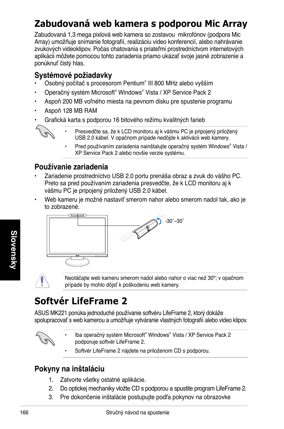 Zabudovaná web kamera s podporou mic array, Softvér lifeframe 2, Slovensky | Systémové požiadavky, Používanie zariadenia, Pokyny na inštaláciu | Asus MK221H User Manual | Page 166 / 168