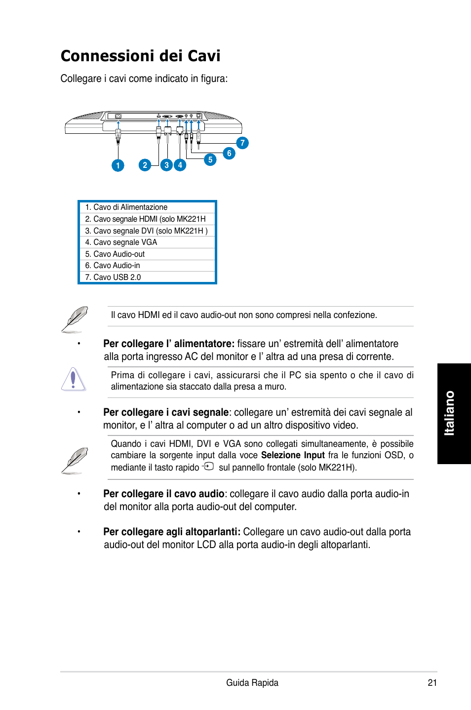 Connessioni dei cavi, Italiano | Asus MK221H User Manual | Page 21 / 168