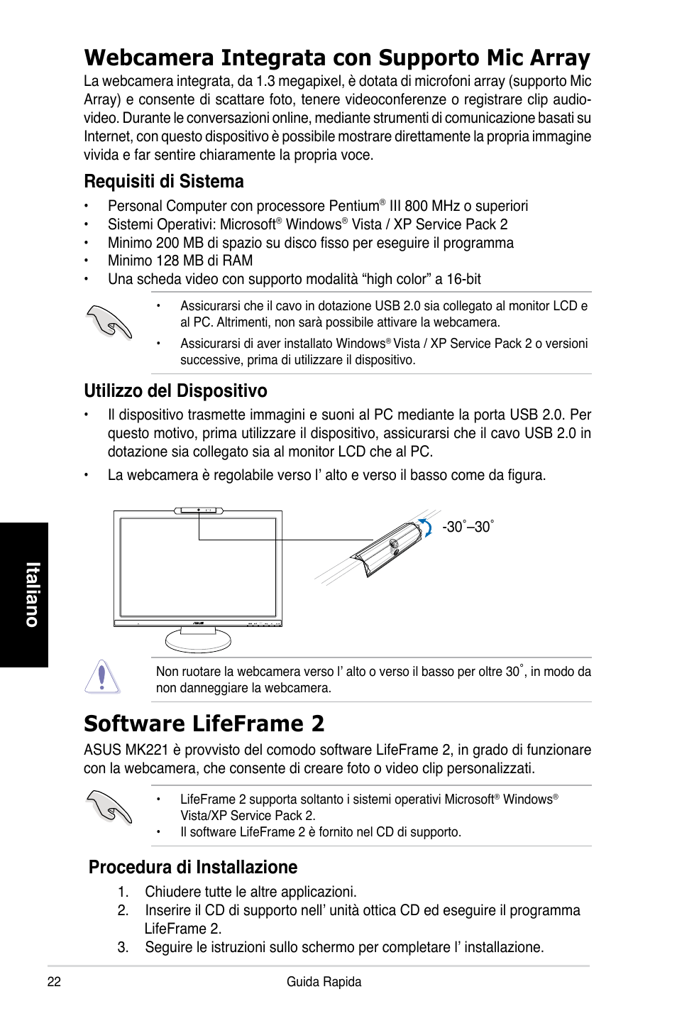 Webcamera integrata con supporto mic array, Software lifeframe 2, Italiano | Requisiti di sistema, Utilizzo del dispositivo, Procedura di installazione | Asus MK221H User Manual | Page 22 / 168