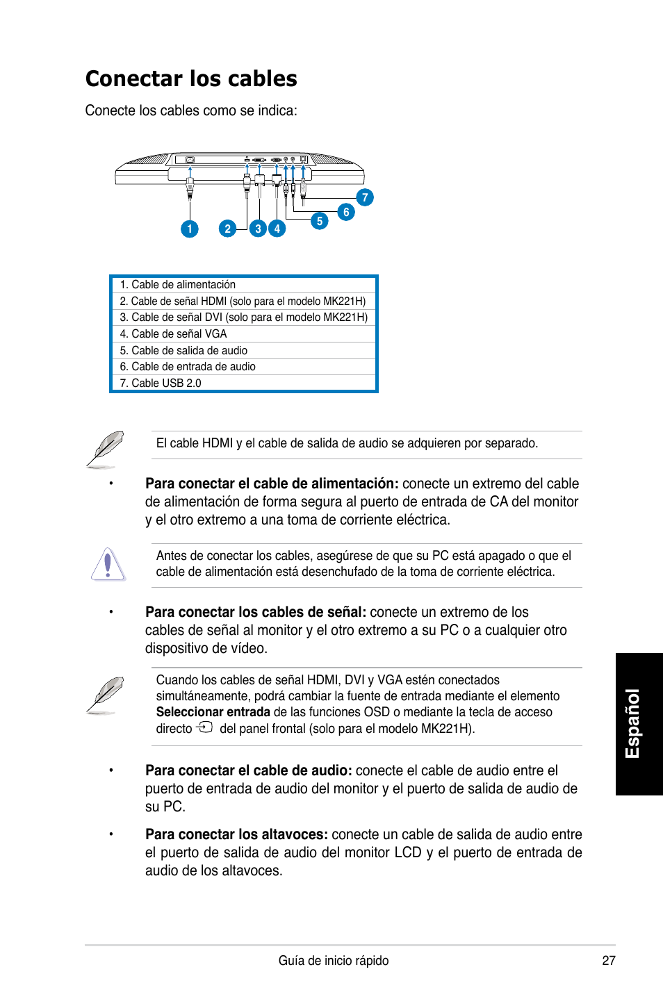 Conectar los cables, Español | Asus MK221H User Manual | Page 27 / 168