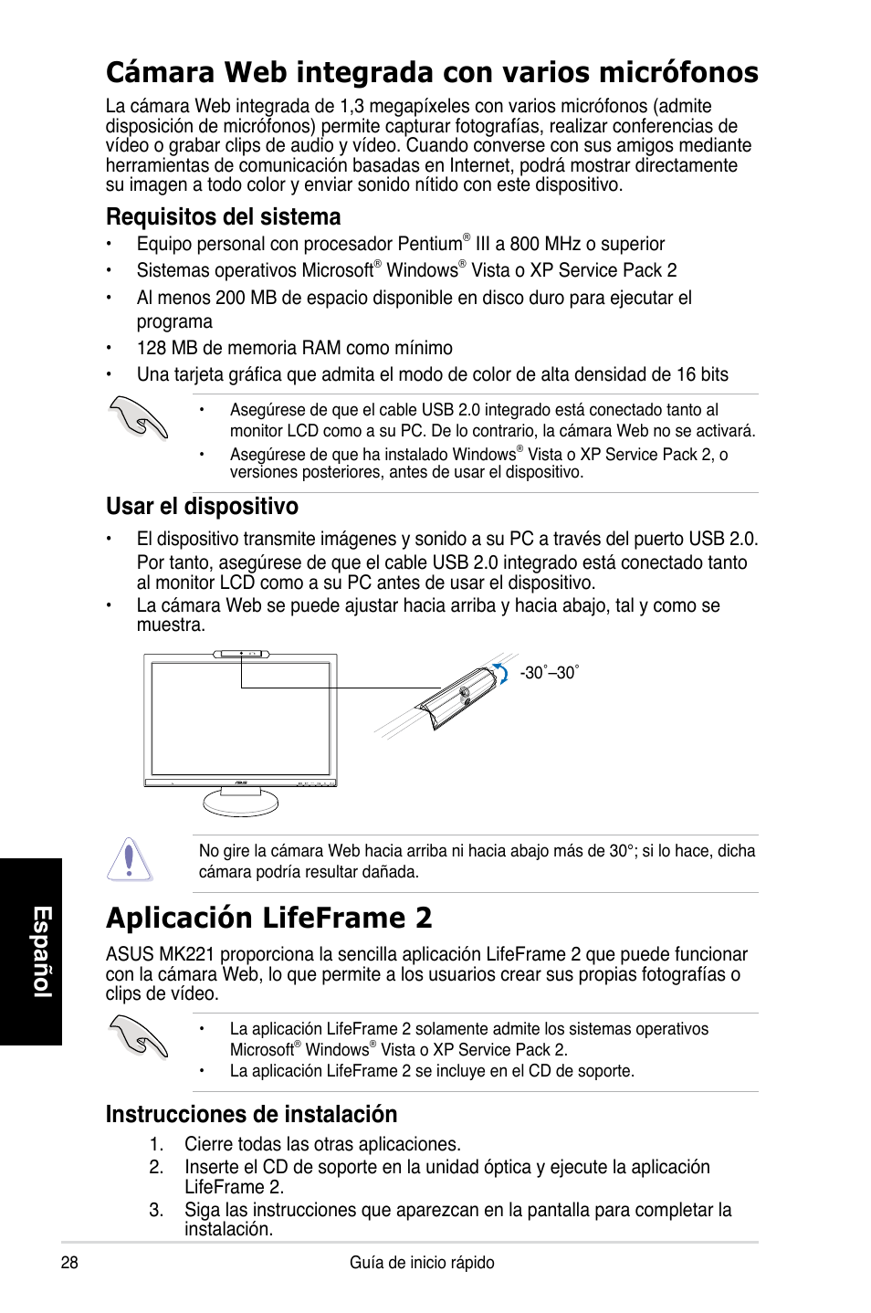 Cámara web integrada con varios micrófonos, Aplicación lifeframe 2, Español | Requisitos del sistema, Usar el dispositivo, Instrucciones de instalación | Asus MK221H User Manual | Page 28 / 168