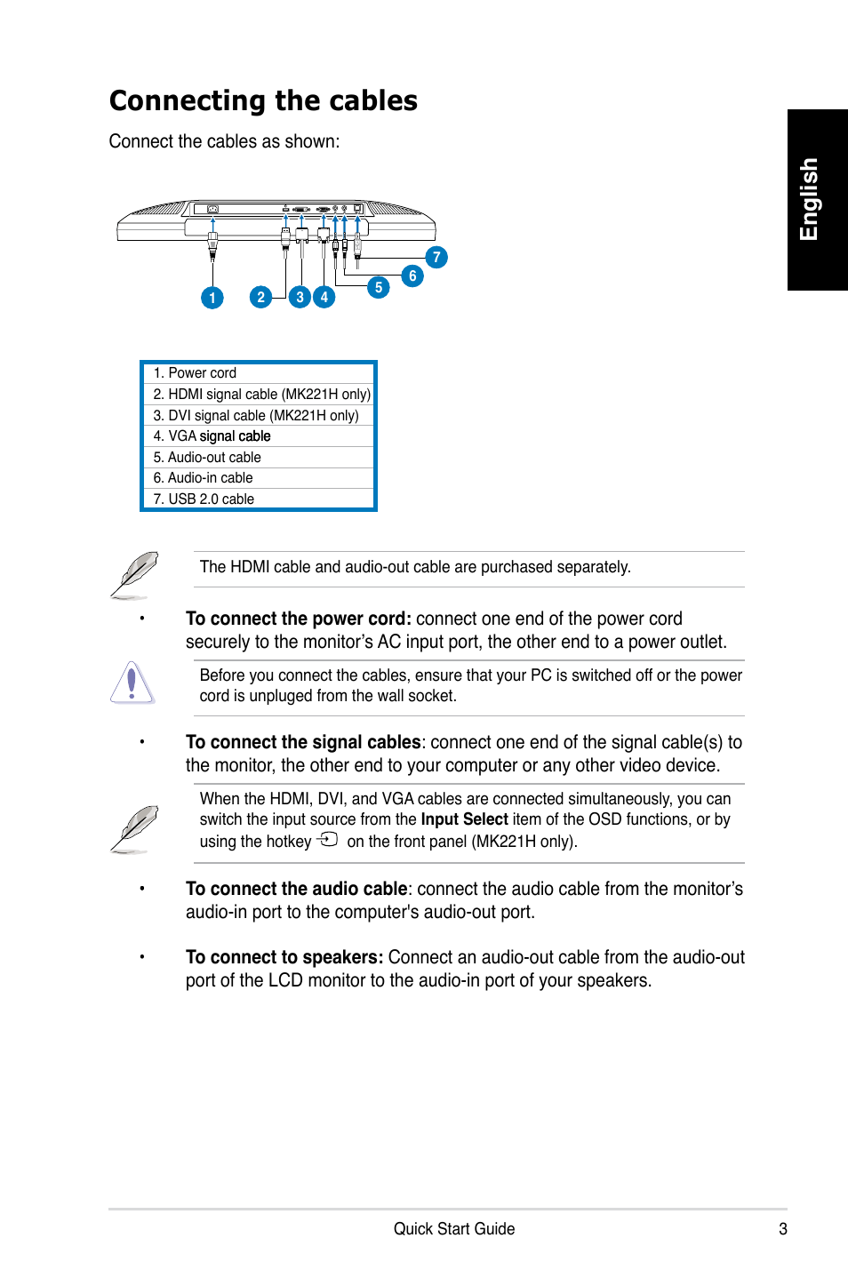 Connecting the cables, English | Asus MK221H User Manual | Page 3 / 168