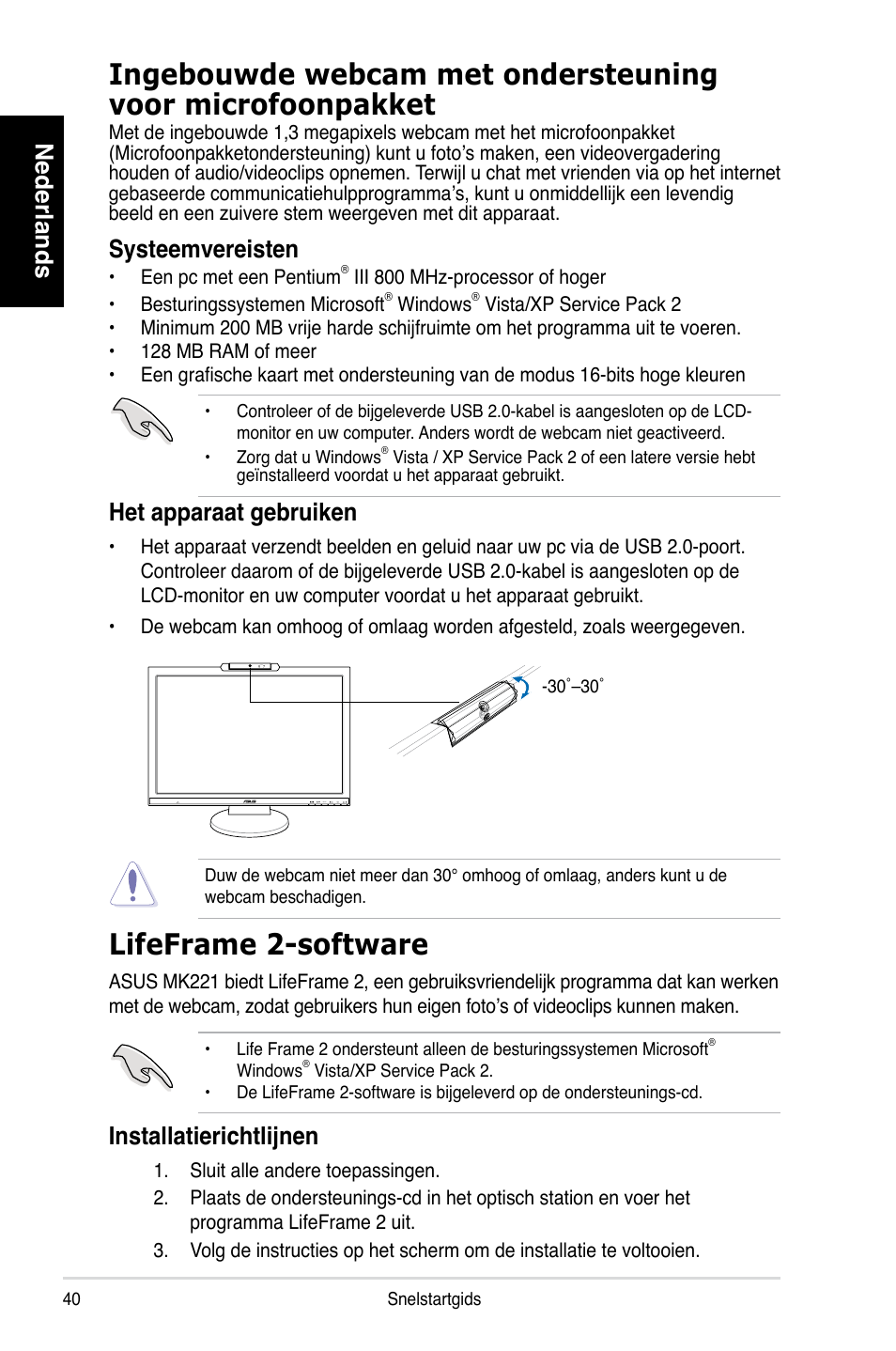 Lifeframe 2-software, Nederlands, Systeemvereisten | Het apparaat gebruiken, Installatierichtlijnen | Asus MK221H User Manual | Page 40 / 168