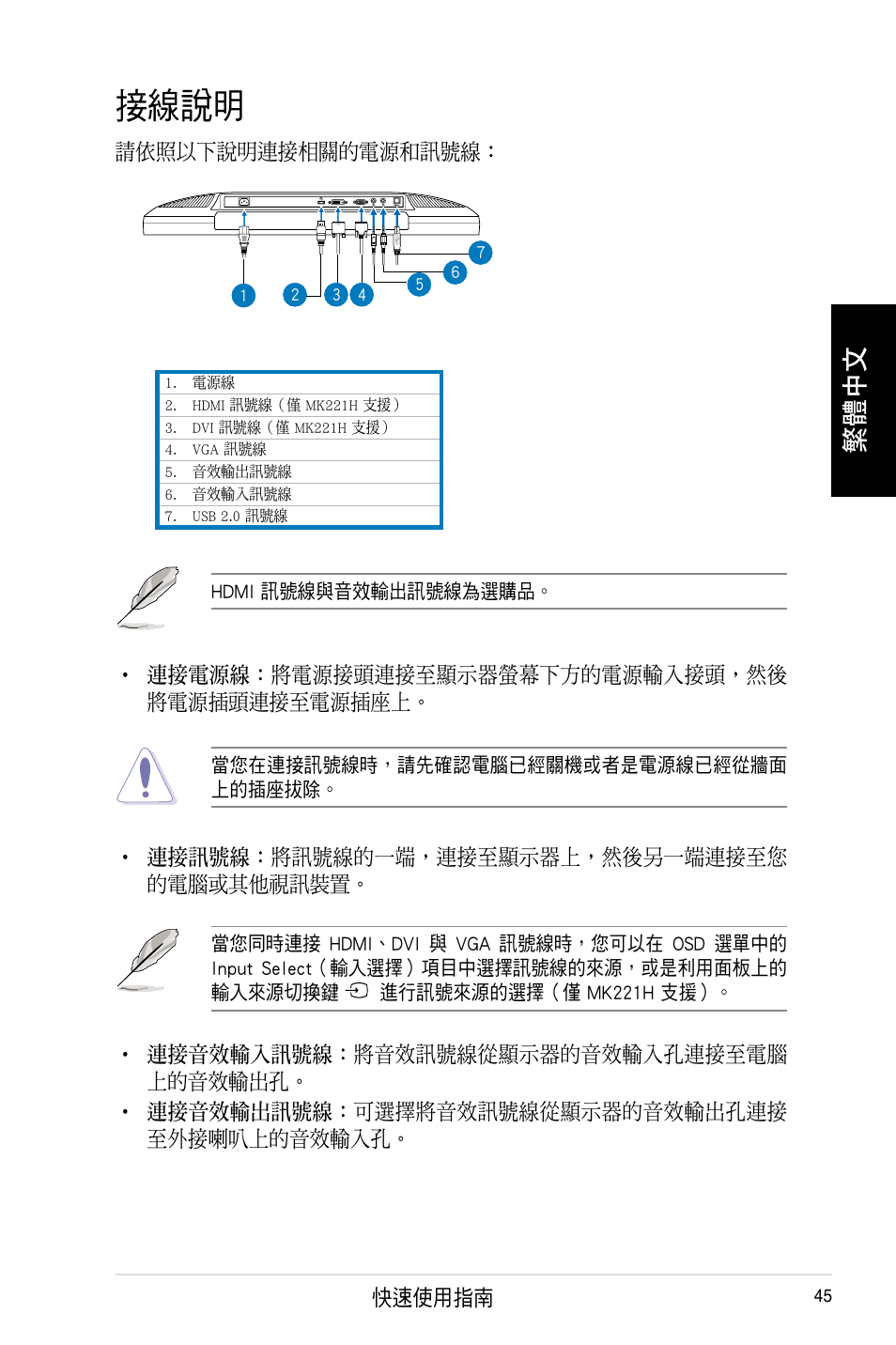 接線說明, 繁體中文 | Asus MK221H User Manual | Page 45 / 168