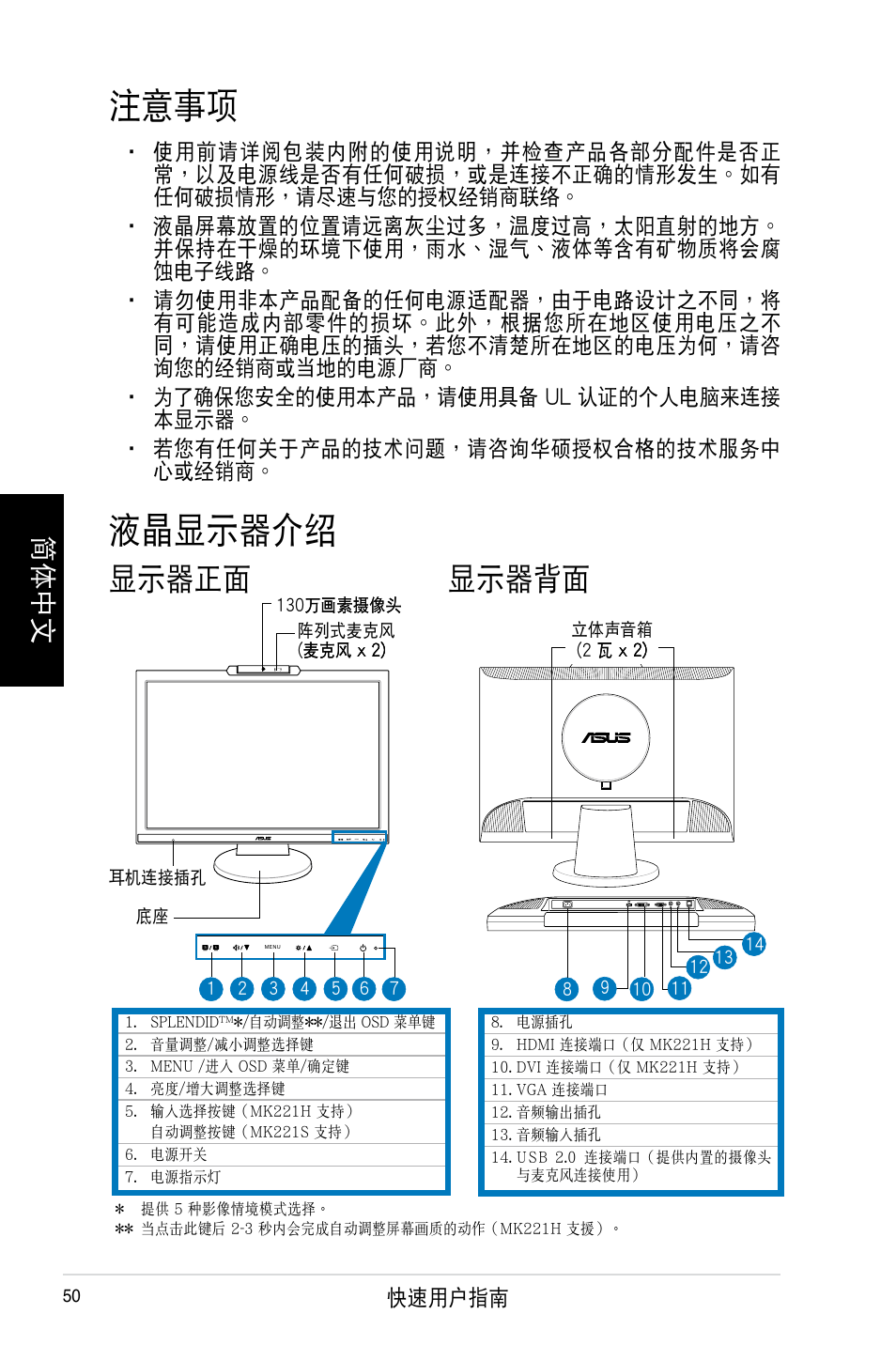 液晶顯示器介紹, 注意事項, 顯示器正面 顯示器背面 | 簡體中文 | Asus MK221H User Manual | Page 50 / 168