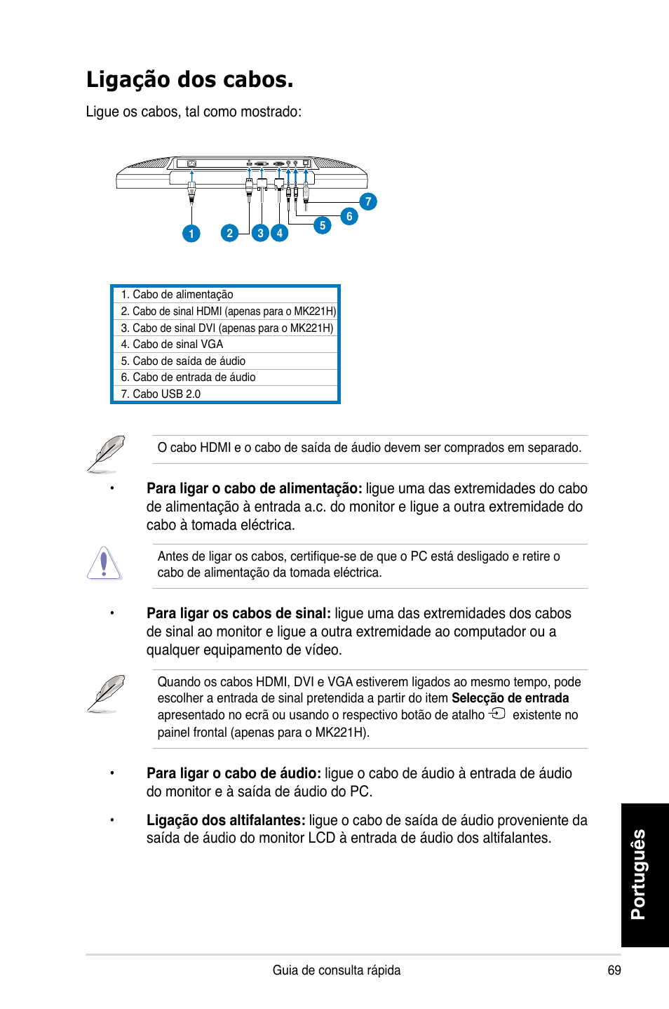 Ligação dos cabos, Português | Asus MK221H User Manual | Page 69 / 168