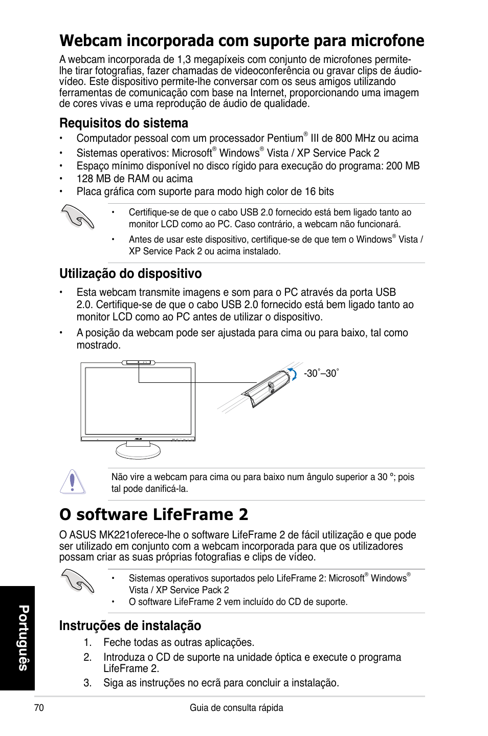 Webcam incorporada com suporte para microfone, O software lifeframe 2, Português | Requisitos do sistema, Utilização do dispositivo, Instruções de instalação | Asus MK221H User Manual | Page 70 / 168