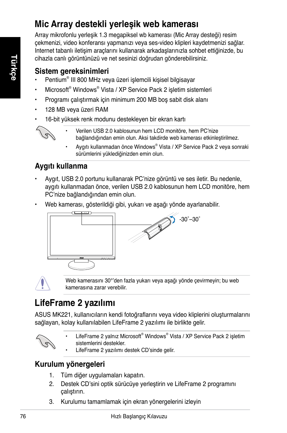 Mic array destekli yerleşik web kamerası, Lifeframe 2 yazılımı, Türkçe | Sistem gereksinimleri, Aygıtı kullanma, Kurulum yönergeleri | Asus MK221H User Manual | Page 76 / 168