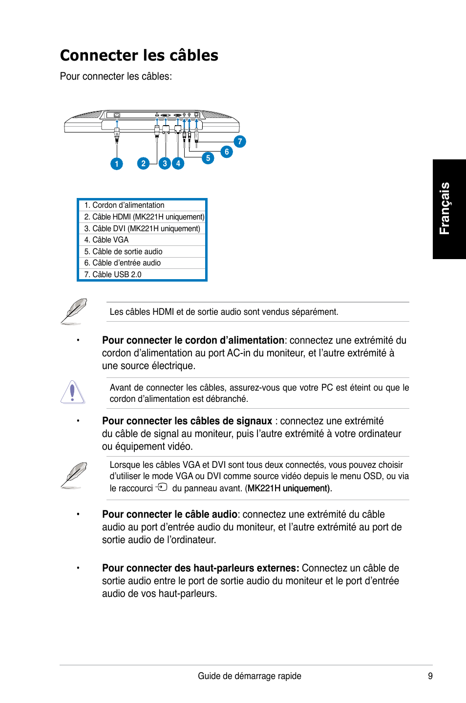 Connecter les câbles, Français | Asus MK221H User Manual | Page 9 / 168