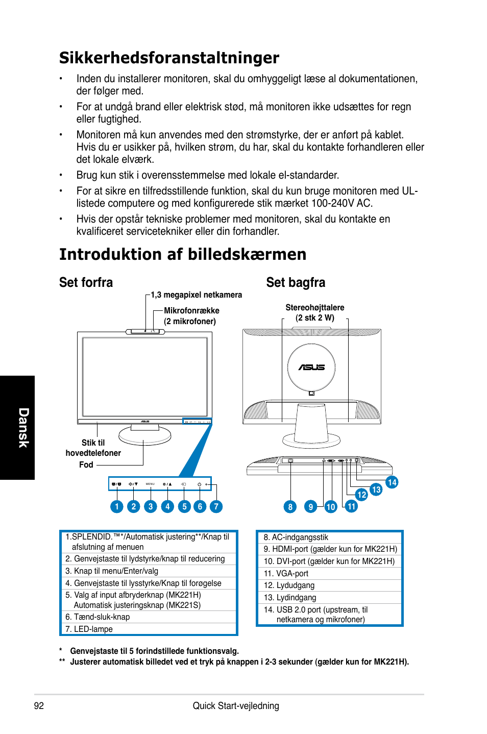 Sikkerhedsforanstaltninger, Introduktion af billedskærmen, Dansk | Set forfra set bagfra | Asus MK221H User Manual | Page 92 / 168