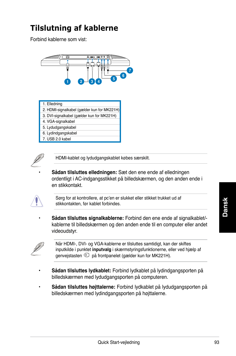Tilslutning af kablerne, Dansk | Asus MK221H User Manual | Page 93 / 168