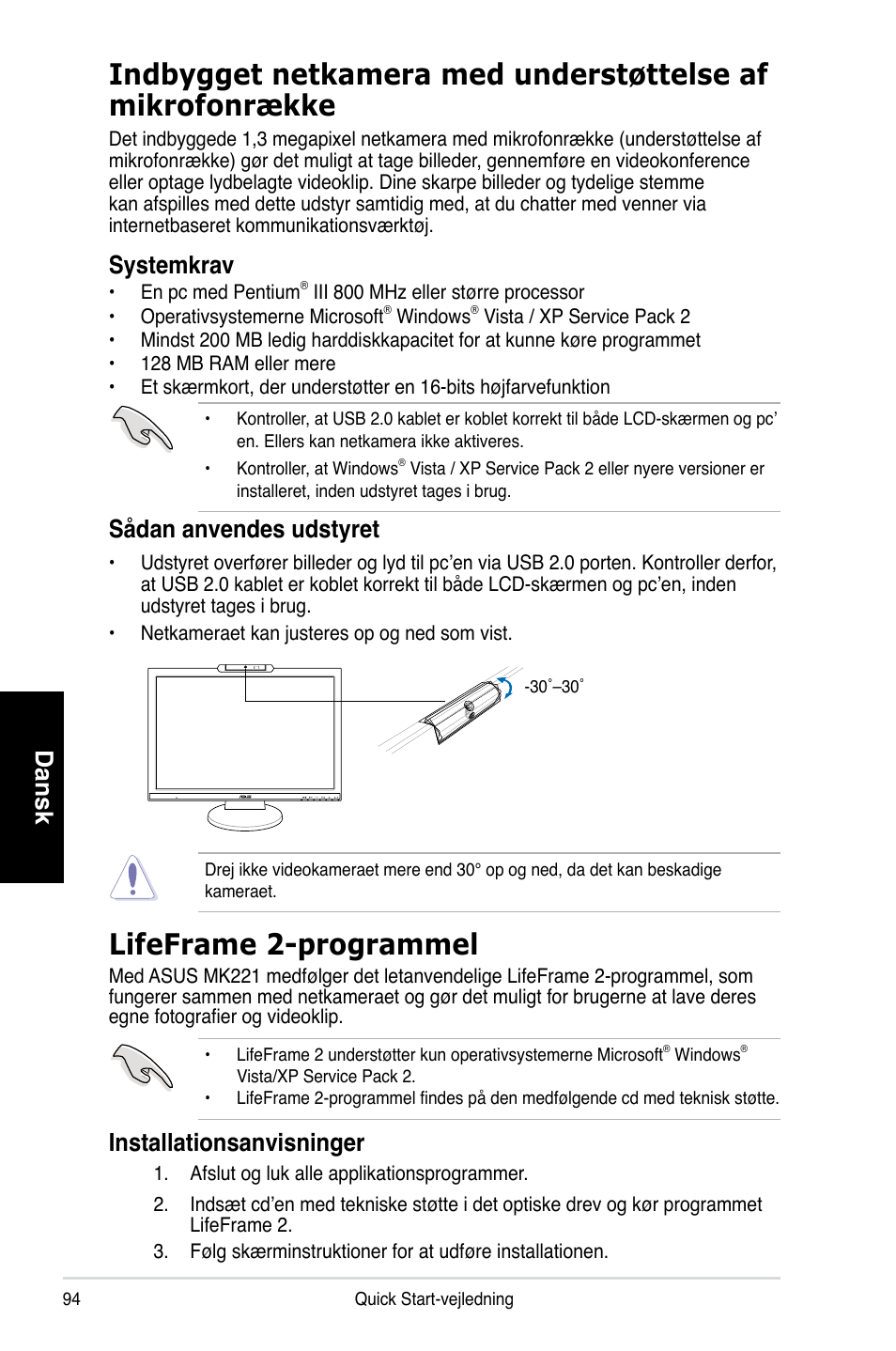 Lifeframe 2-programmel, Dansk, Systemkrav | Sådan anvendes udstyret, Installationsanvisninger | Asus MK221H User Manual | Page 94 / 168