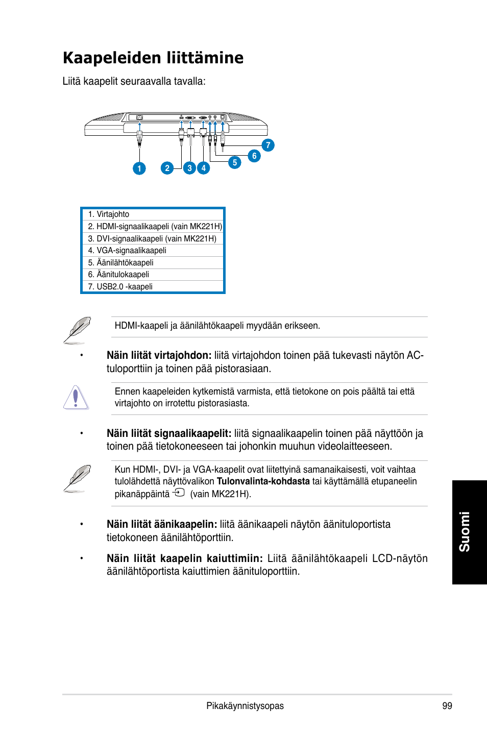 Kaapeleiden liittämine, Suomi | Asus MK221H User Manual | Page 99 / 168