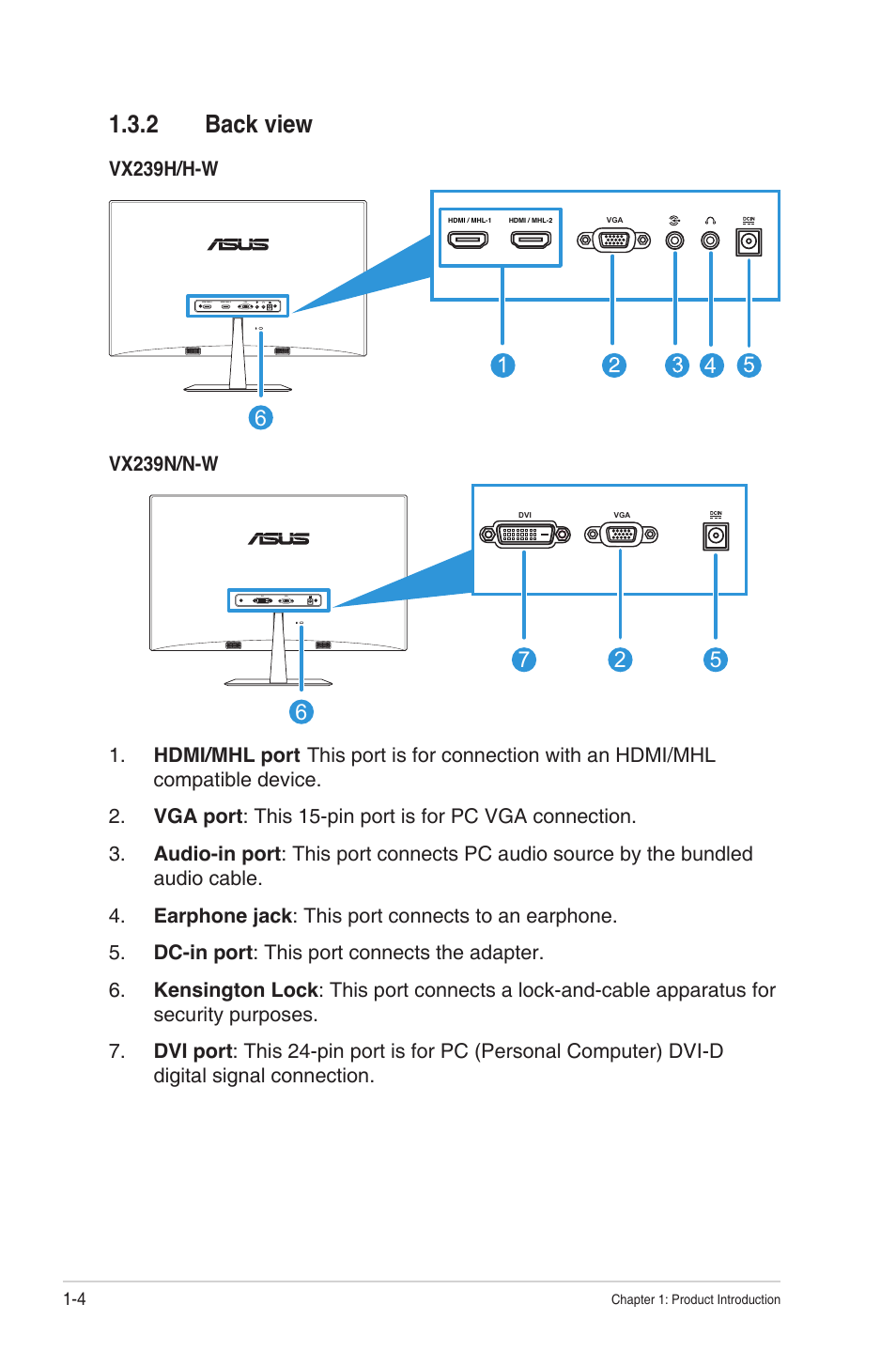 2 back view, Back view -4 | Asus VX239N User Manual | Page 11 / 26