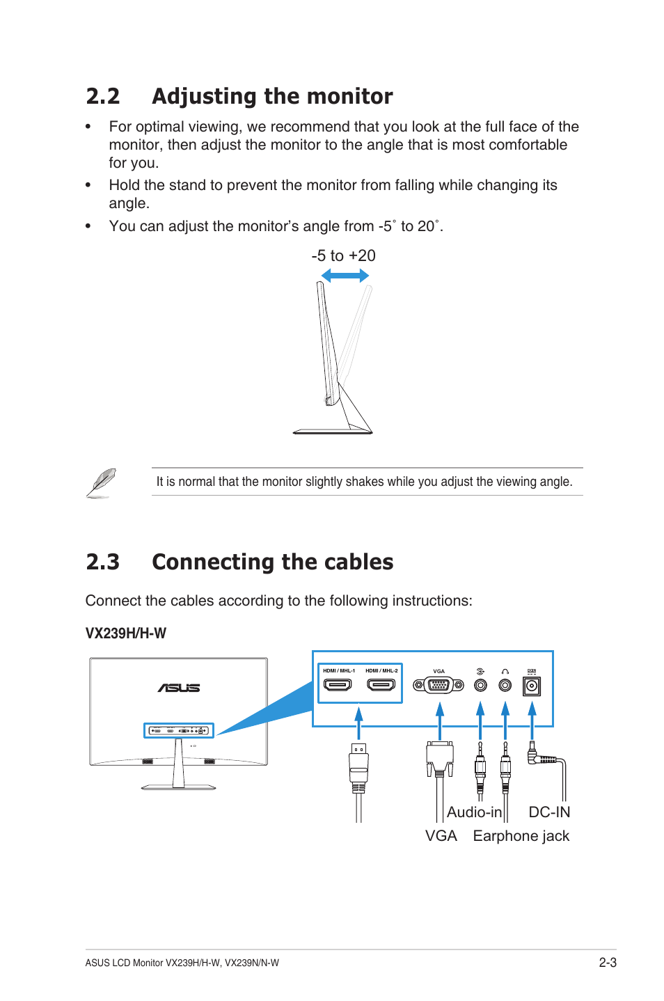 2 adjusting the monitor, 3 connecting the cables, Adjusting the monitor -3 | Connecting the cables -3, 5 to +20 | Asus VX239N User Manual | Page 16 / 26