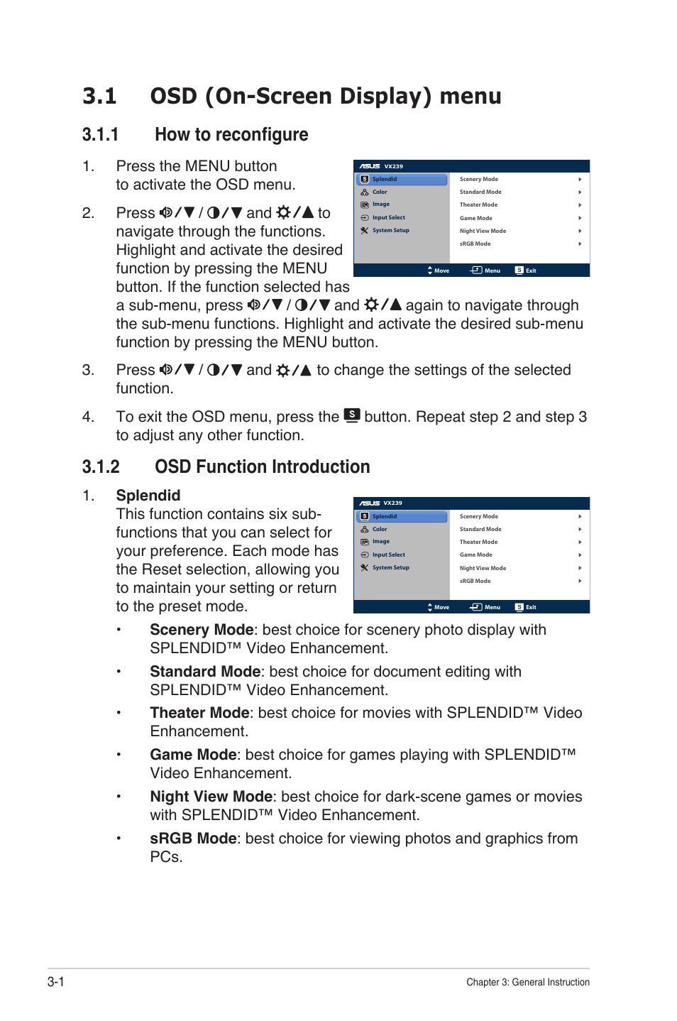 1 osd (on-screen display) menu, 1 how to reconfigure, 2 osd function introduction | Osd (on-screen display) menu -1 3.1.1, How to reconfigure -1, Osd function introduction -1 | Asus VX239N User Manual | Page 19 / 26